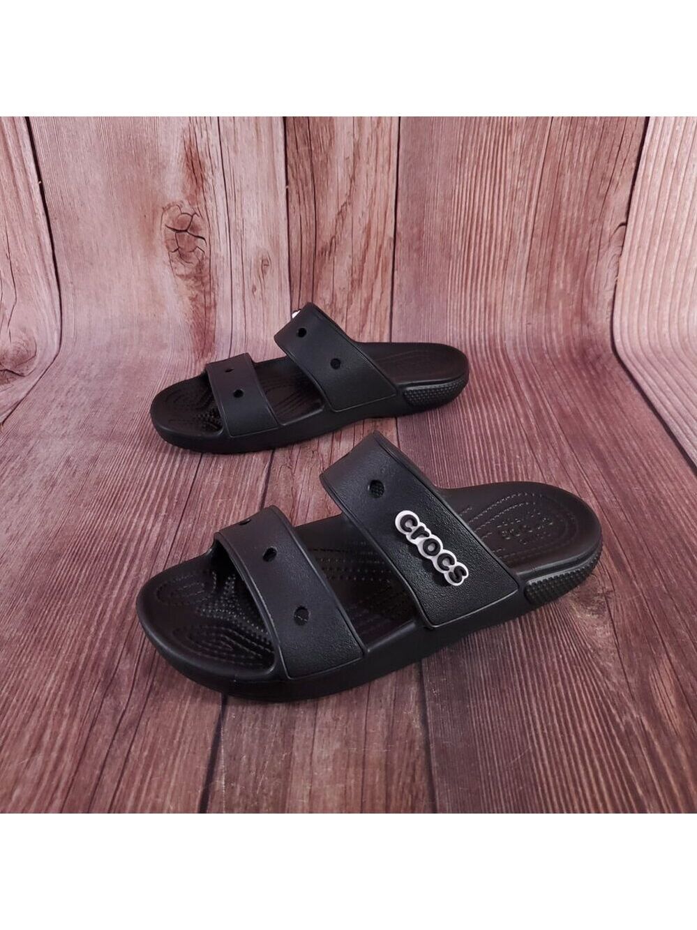 Crocs Unisex Size W6 M4 Classic Double Band Slides Sandals Slip On Black